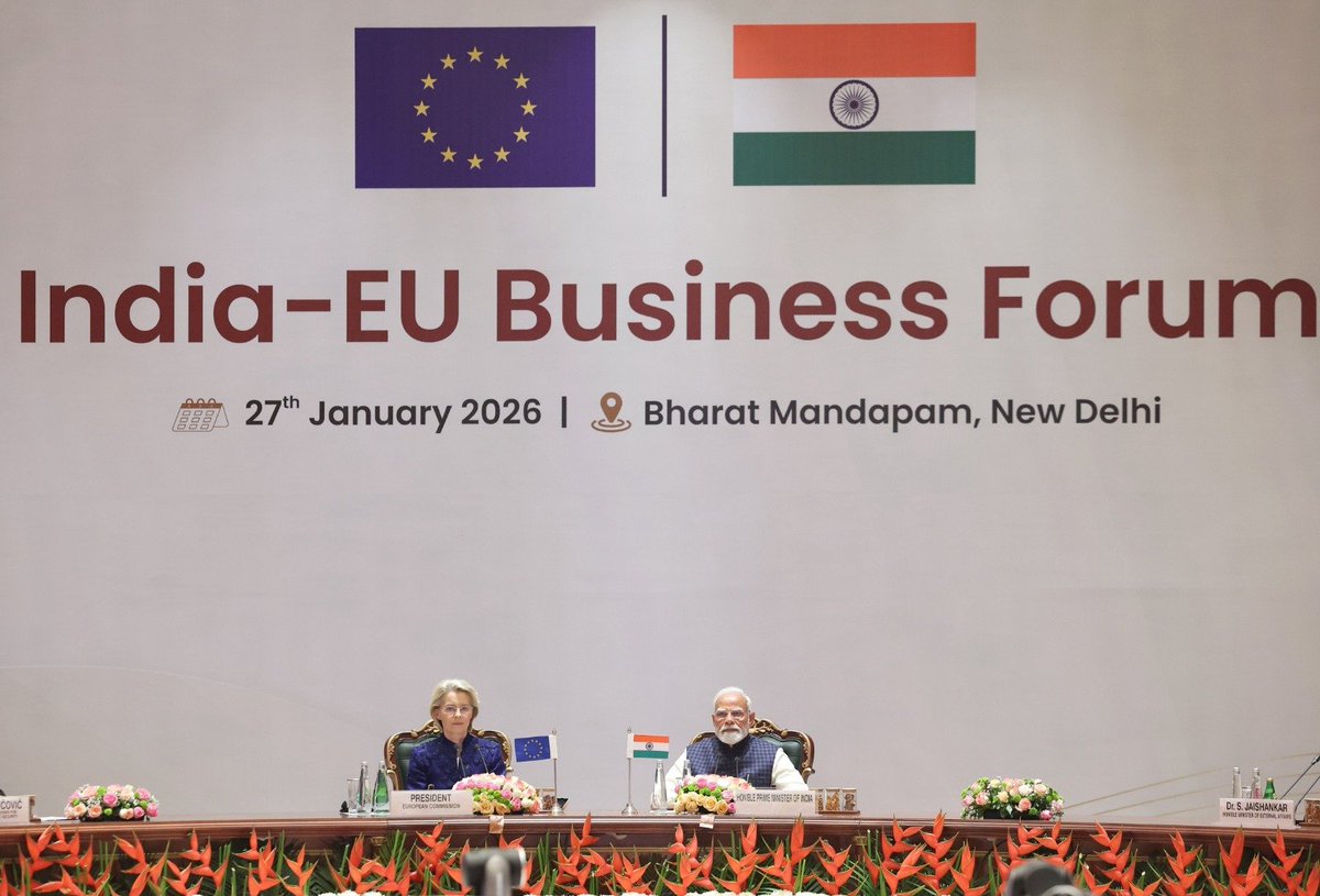 narendramodi's tweet image. The India-EU Business Forum was a great platform to discuss the wide-ranging economic linkages between India and Europe. The Free Trade Agreement signed today brings innumerable benefits for businesses, MSMEs and innovators. It is a new blueprint for shared prosperity.…
