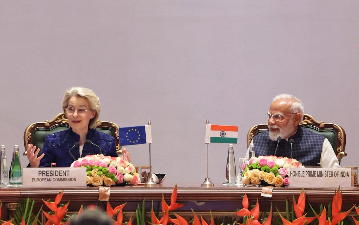 narendramodi's tweet image. The India-EU Business Forum was a great platform to discuss the wide-ranging economic linkages between India and Europe. The Free Trade Agreement signed today brings innumerable benefits for businesses, MSMEs and innovators. It is a new blueprint for shared prosperity.…