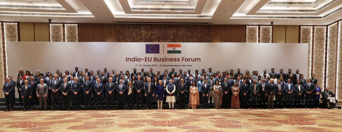 narendramodi's tweet image. The India-EU Business Forum was a great platform to discuss the wide-ranging economic linkages between India and Europe. The Free Trade Agreement signed today brings innumerable benefits for businesses, MSMEs and innovators. It is a new blueprint for shared prosperity.…