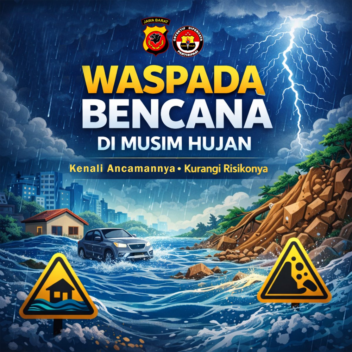 HIMBAUAN KAMTIBMAS
MUSIM HUJAN

🌧️ Waspada, Aman, dan Siaga Bersama!

Tips Keselamatan Keluarga:
1️⃣ Waspada Banjir &amp; Longsor
Segera mengungsi jika air sungai naik atau muncul retakan tanah, terutama di bantaran sungai &amp; lereng bukit.