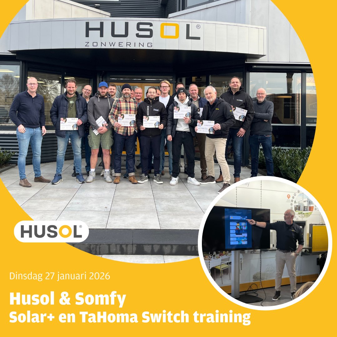Vandaag organiseerden wij een Solar+ training voor ervaren monteurs 🔧
Marco de Gier van Somfy ging met de deelnemers aan de slag met alles wat hoort bij Solar en TaHoma. Het was een leerzame, gezellige en waardevolle dag met een goede dosis humor💪
#Husol #Somfy #Training