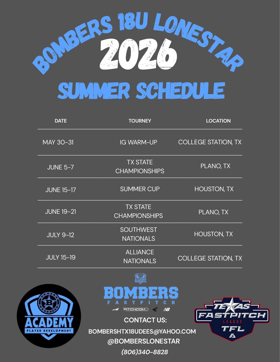 Bombers 18u LS, 16u HTX/CTX/CC, 14u LS SETX tweet media