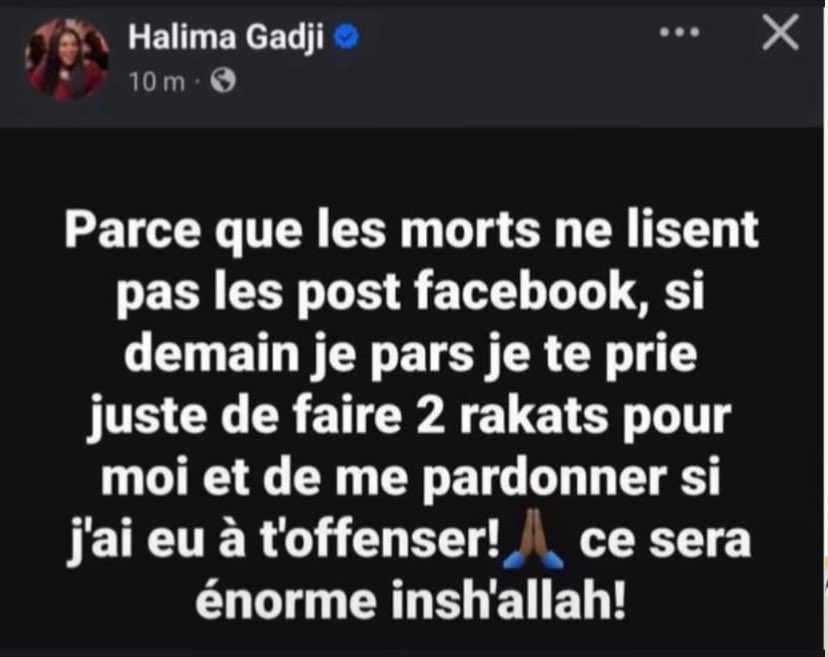 Gars yi les proches et amis et Halima demande aimablement de supprimer ses photos et de juste prier pour elle 

Toup bou weer