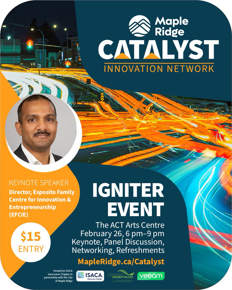 YourMapleRidge's tweet photo. Join our first-ever Maple Ridge Catalyst Innovation Network Igniter Event, Feb 26 6-9pm, at The ACT Arts Centre.

Innovation doesn’t happen in isolation and Maple Ridge is bringing together businesses, innovators, and community partners for an evening focused on connection, collaboration, and shared opportunity.

Enjoy networking, a discussion panel, refreshments, and keynote from BC Regional Innovation Chair and the Director of the Esposito Family Centre for Innovation & Entrepreneurship (EFCIE) at the University of the Fraser Valley, Dr. Jon Thomas.

Don't miss out on this exclusive opportunity to help shape future growth in Maple Ridge and the region. Learn More and Register Now at https://t.co/0qJP16mgDp