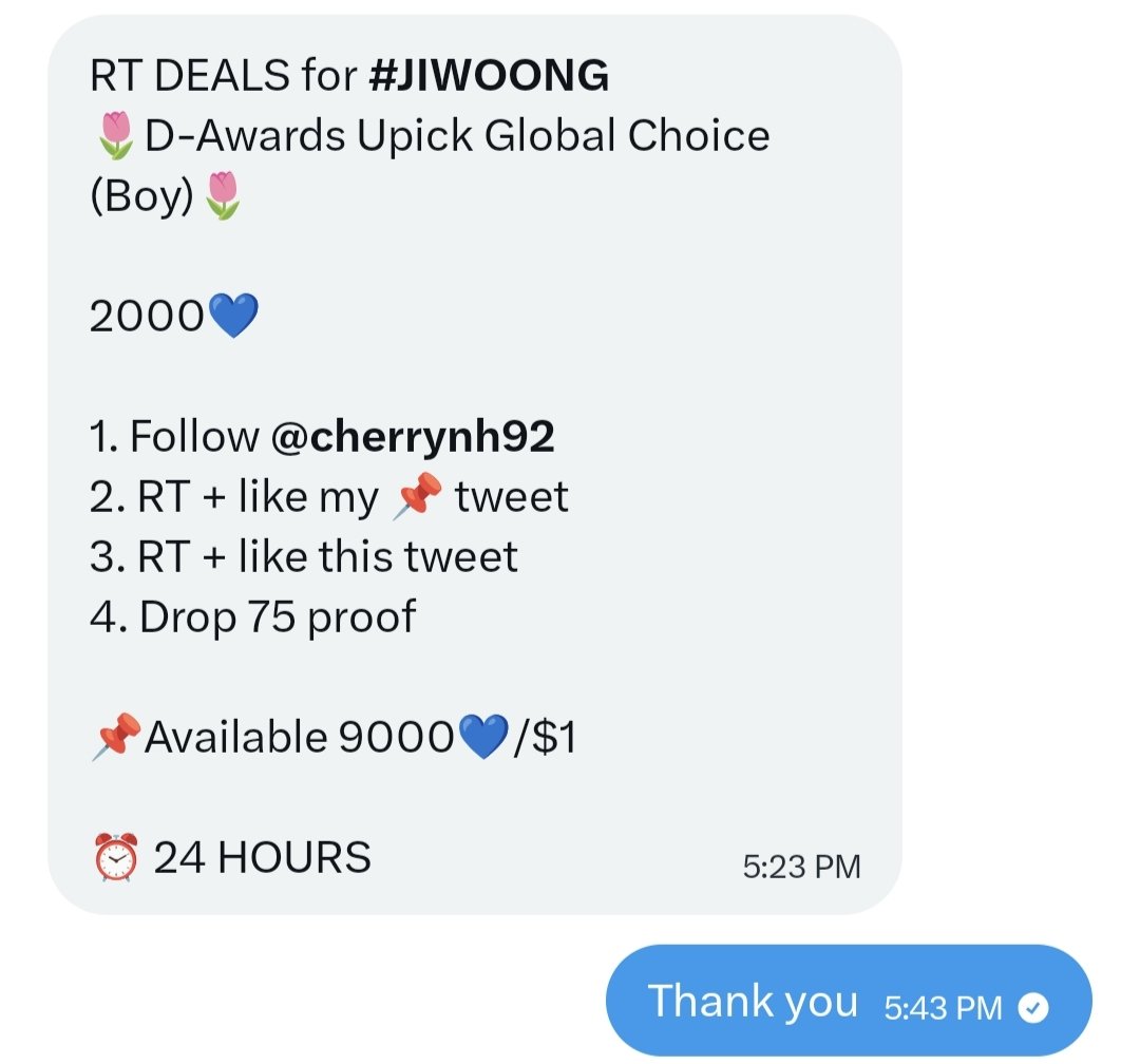 RT DEALS for #JIWOONG
🌷D-Awards Upick Global Choice (Boy)🌷

2000💙

1. Follow <a href="/cherrynh92/">Tulips Store</a>
2. RT + like my 📌 tweet
3. RT + like this tweet
4. Drop 75 proof

📌Available 9000💙/$1

⏰ 24 HOURS