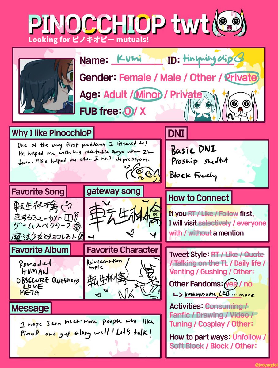 ttolchan님, 영어 템플릿 만들어주셔서 정말 감사합니다!! 진심으로 감사드려요!!

borrowed the english template from ttol oomf~ 
let's connect!
if we're already mutuals, let's talk more!💪
#ピノラーと繋がりたい