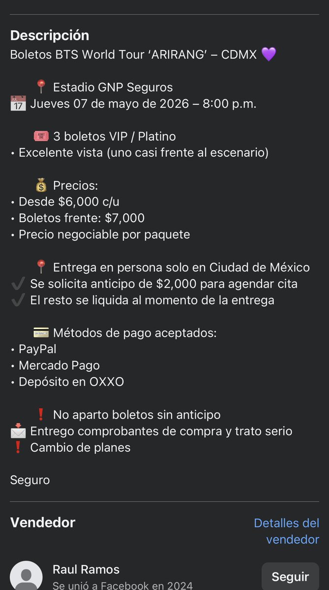 LunVioleta's tweet photo. Armys, les recuerdo que existe Facebook Marketplace y ahí también venden los revendedores, ahorita me encontré con este asco, ustedes dense cuenta de lo estúpido que se lee todo, ya reporte, no sean parte del problema, no les compren boletos. 

#ARMYNoCompraReventa 
#BTS https://t.co/0hgHVFLJ8K