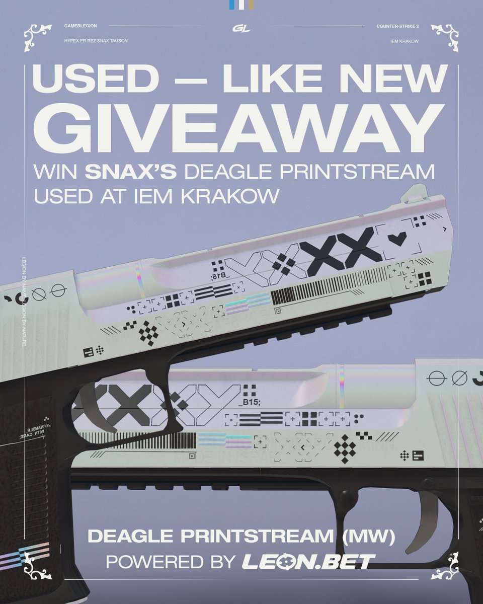 Your chance to win a skin used by <a href="/cios_snax/">Snax</a> at IEM Krakow is here!

🔵 Follow <a href="/GamerLegion/">GamerLegion</a> and <a href="/LeonBet_Esports/">LeonBet Esports</a> 
🔵 Like this post
🔵 Tag a friend

Winner will be drawn in 7 days.