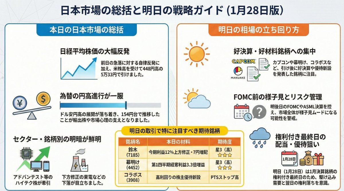 🇯🇵1月27日（火）相場振り返り ✓日経大幅反発 ✓円高一服 ✓信用買い残5兆円はキケン！？ ☀️明日1月28日（水）に向けて ✓好決算銘柄へ投資  ✓FOMC前の様子見 ✓信用買い残、高倍率銘柄要注意 まとめ図解