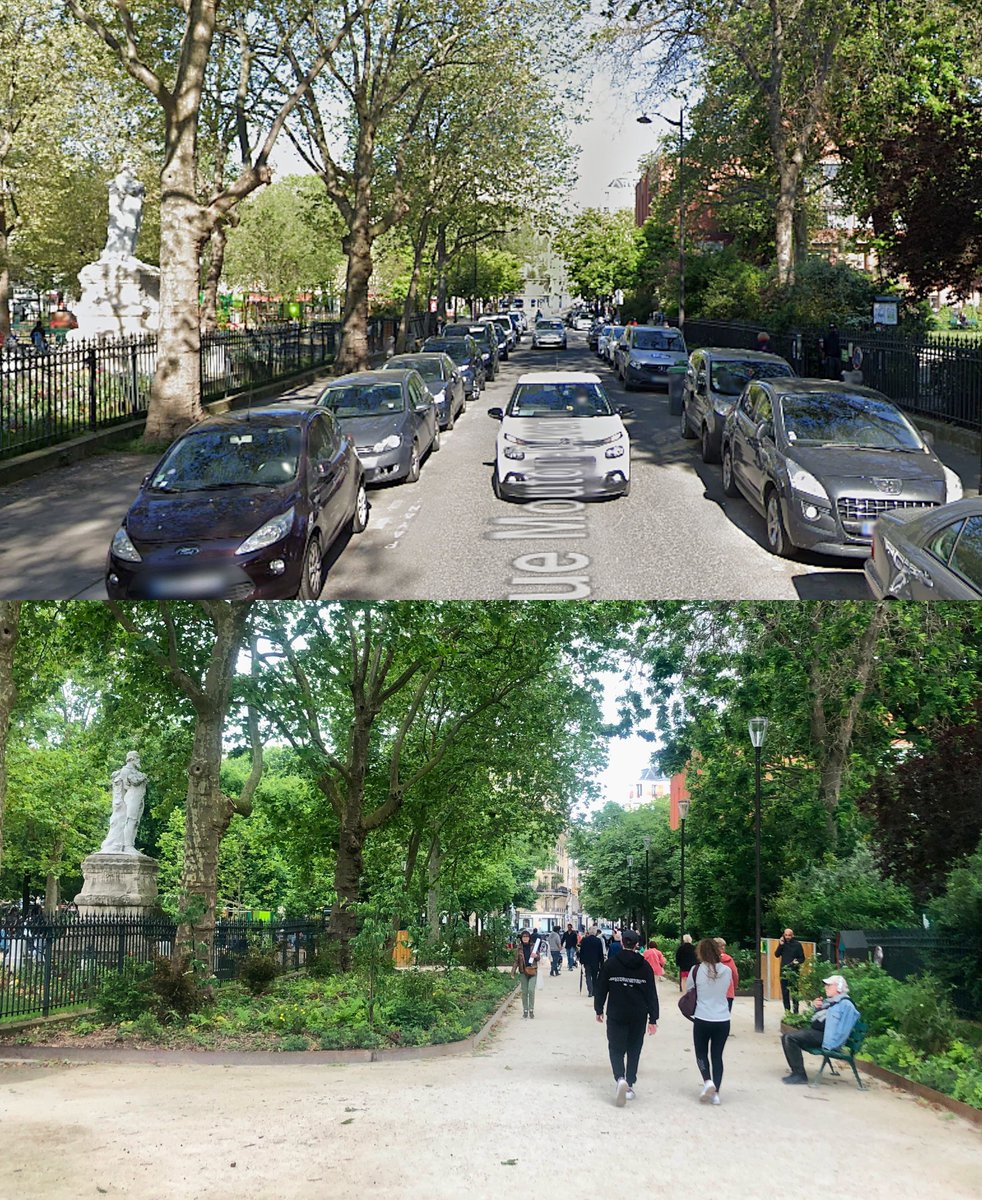 Avant / Après Rue Mouton-Duvernet dans le 14ème arrondissement de Paris. Avant, une rue parking entre deux petits parcs, après, une rue piétonnisée et végétalisée, pour faire une continuité entre les deux parcs.