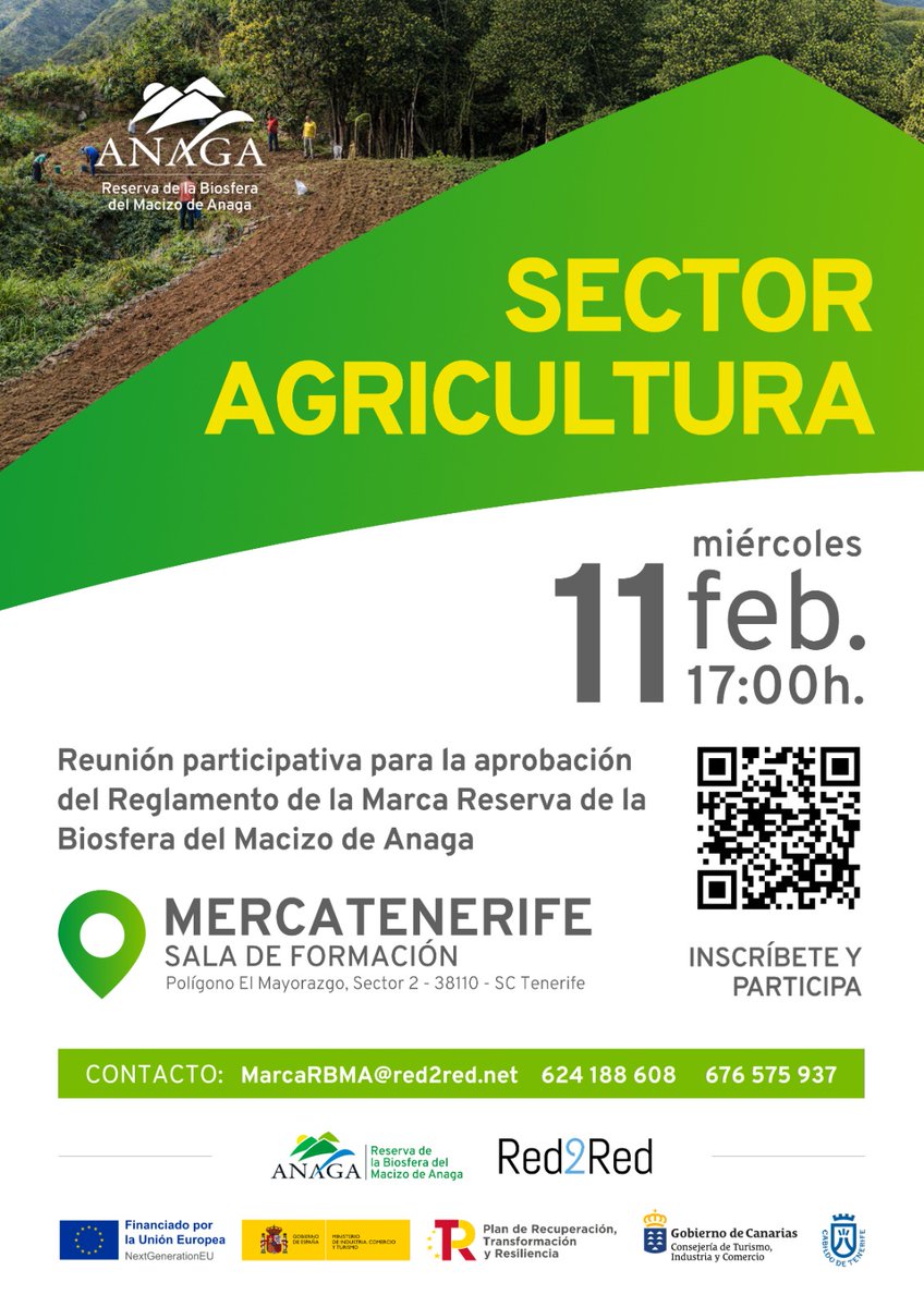 SECTOR AGRICULTURA · REUNIÓN PARTICIPATIVA RBMA
Si eres profesional del sector agrícola en la Reserva de la Biosfera del Macizo de Anaga, esta sesión es para ti.
Un espacio participativo para explicar el reglamento de la Marca RBMA y construirlo de forma conjunta con el sector.