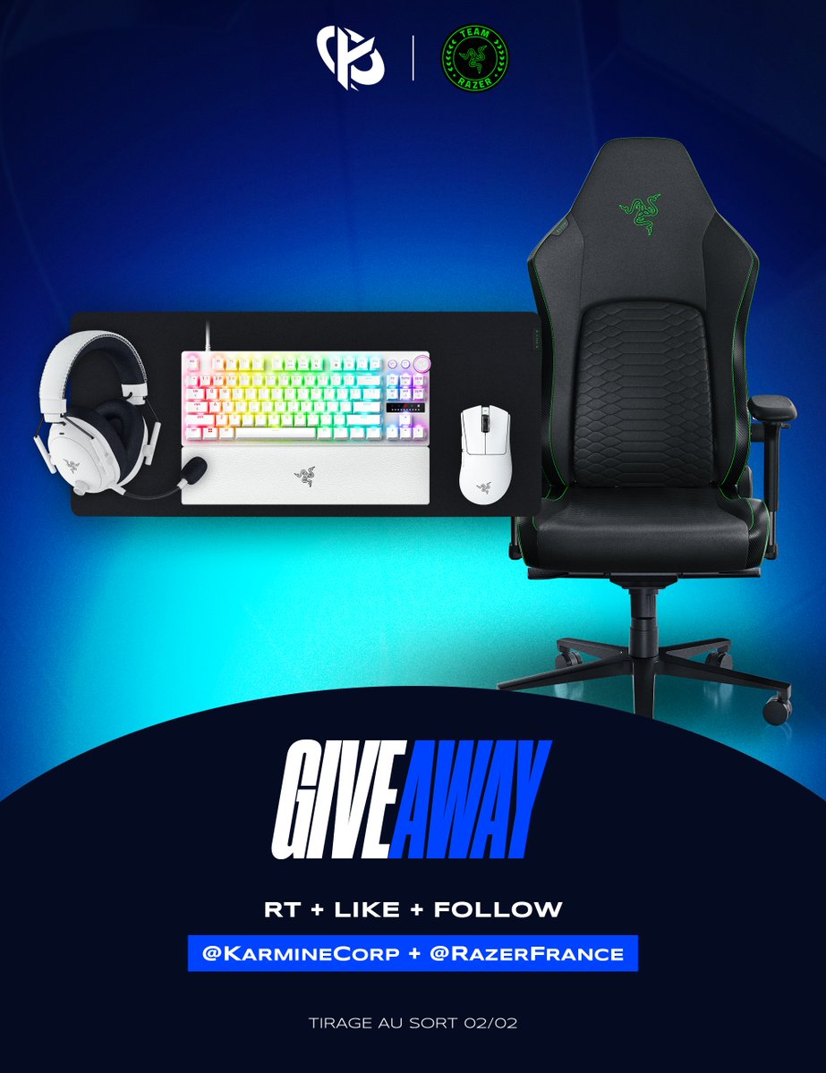 KarmineCorp's tweet image. Besoin d'un nouveau setup ? Pour fêter le début de notre partenariat avec Razer, on vous propose un ENORME giveaway pour améliorer le vôtre ! 🎁

Pour participer:
- Follow @KarmineCorp &amp;amp; @RazerFrance
- RT + Like ce tweet !

TAS le 2/02, bonne chance à tous ! 🍀