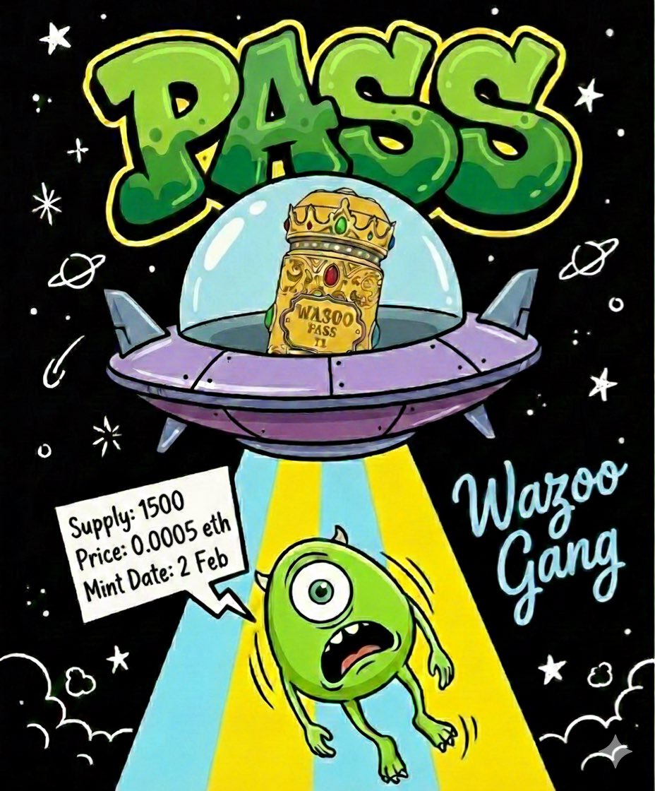 🚨 Wazoo Pass 🚨

Mint: Feb 2
Platform: <a href="/opensea/">OpenSea</a> 

Wallet checker goes LIVE
2 days before mint.

Form 3/3 can drop anytime.
No schedule. No warning.

Reminder:
Wazoo Pass = GUARANTEED access
to the Main Collection on Base 🗝️

🔔 Notifs ON
💚Like &amp; RT + drop your addy.
We’ll pick
