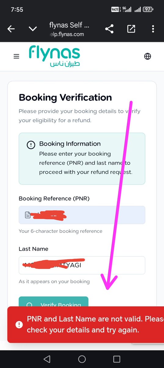 MuJubaer's tweet photo. @flynas
@flynascare I received approval for a **500 SAR compensation**, but when I try to claim it, the system says my **PNR number or last name is incorrect**.  
I already contacted chat support but got no resolution.  
Please assist and resolve this issue as soon as possible. https://t.co/M6vXv73GPz