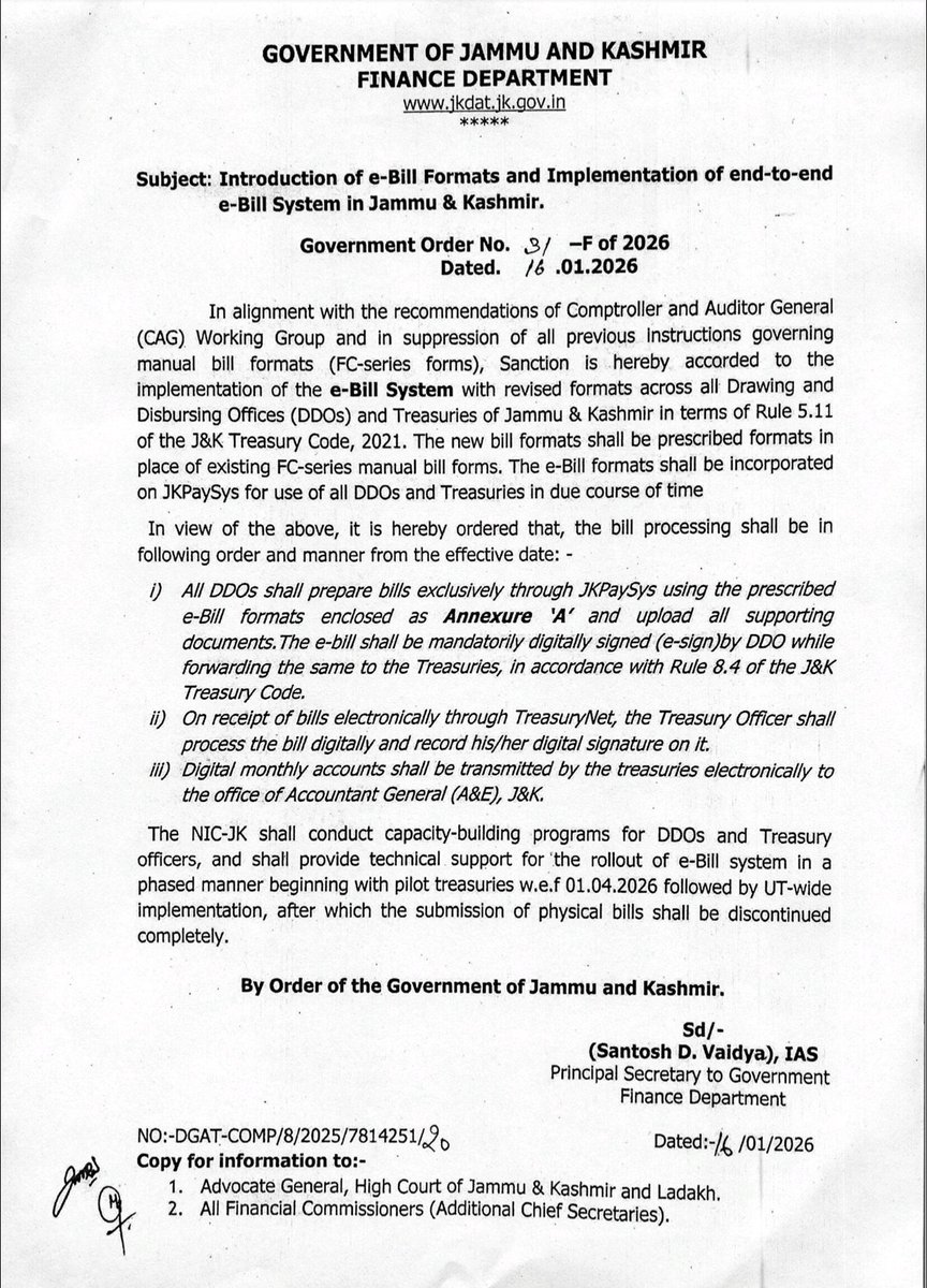 JAKFAS_'s tweet photo. Finance Deptt. has notified implementation of the e-Bill system to be rolled out in a phased manner w.e.f. 01.04.2026, followed by UT-wide implementation, with revised formats across all DDOs &amp; Treasuries of J&amp;K.

Link to revised e-bill formats https://t.co/oiGVfpCJtB

Details👇 https://t.co/rFF5dCsRUc
