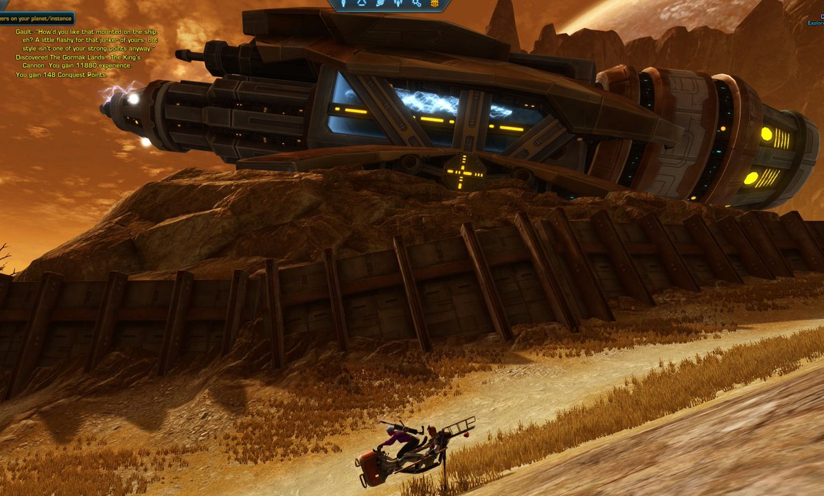These companion-enabled mounts open up the world. I never realized how much chatter I'd missed because they were dismissed.

Gault: "How'd you like that mounted on the ship, eh? A little flashy for that junker of yours, but style isn't one of your strong points anyway." #swtor