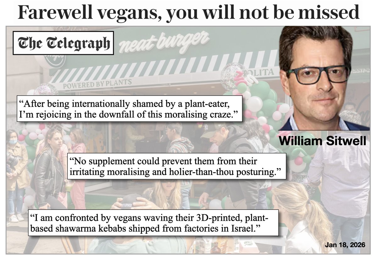 Because <a href="/Telegraph/">The Telegraph</a> restaurant critic <a href="/WilliamSitwell/">William Sitwell</a> had a bad experience with a #vegan activist, he is "rejoicing in the downfall of this moralizing craze" in a 900-word hatchet job on vegans. <a href="/AllisterHeath/">Allister Heath</a>  - Does using the #Telegraph to air personal grievances and disparage