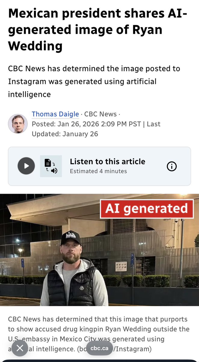 SimonLevyMx's tweet photo. Una vez más cayó @Claudiashein en la trampa, ahora difunde como buena, una foto de inteligencia artificial de Ryan Wedding (comprobado por @CBCNews) y les dije miente a los mexicanos.
À la que por cierto, les dije que la habían mandado poner. 
Escandaloso.
https://t.co/ay23GYuGPz https://t.co/mLccorAbFT