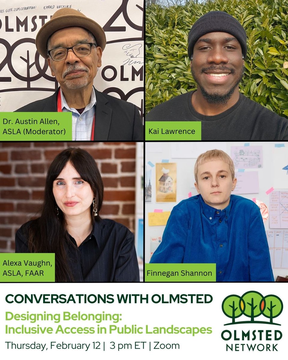 OlmstedNetwork's tweet photo. With a panel of distinguished experts at the intersection landscape architecture and disability advocacy, our next webinar on 2/12 explores the ways that historic landscapes can improve access without compromising design intent or character.

Register: https://t.co/LqBoHpcIkR https://t.co/bYgsZTYPby