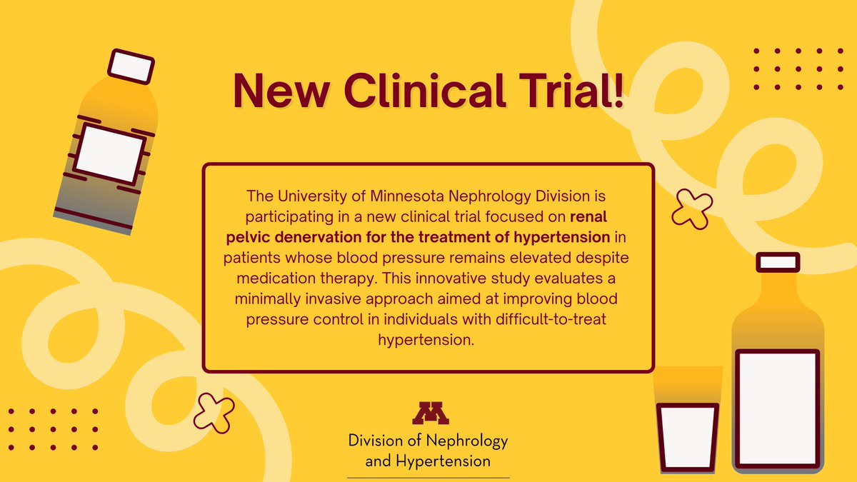 UMNkidney's tweet photo. 🔬 The UMN Division of Nephrology is enrolling in a new clinical trial evaluating renal pelvic denervation for medication-resistant hypertension. The randomized study includes UMN as an active site, with Dr. Sabine Karam as sub-investigator.
Learn more: https://t.co/uDRfMaDe1m https://t.co/0CZVF5SVIs