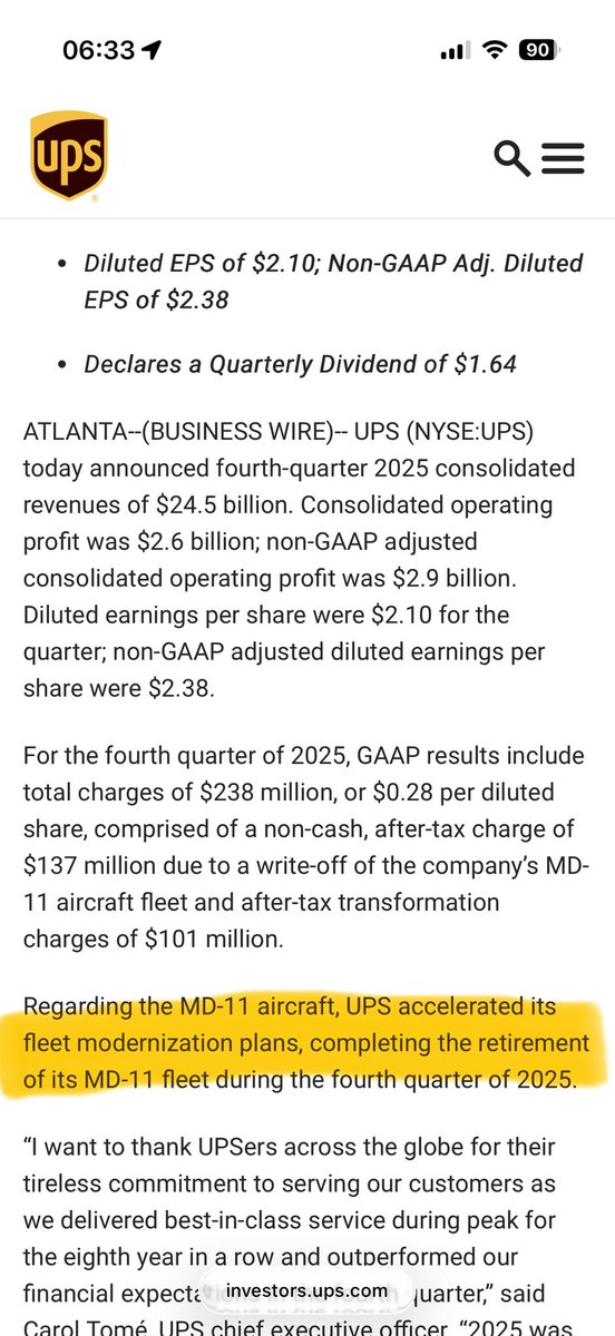 And in this morning’s earning call UPS has stated it has retired its MD-11 fleet