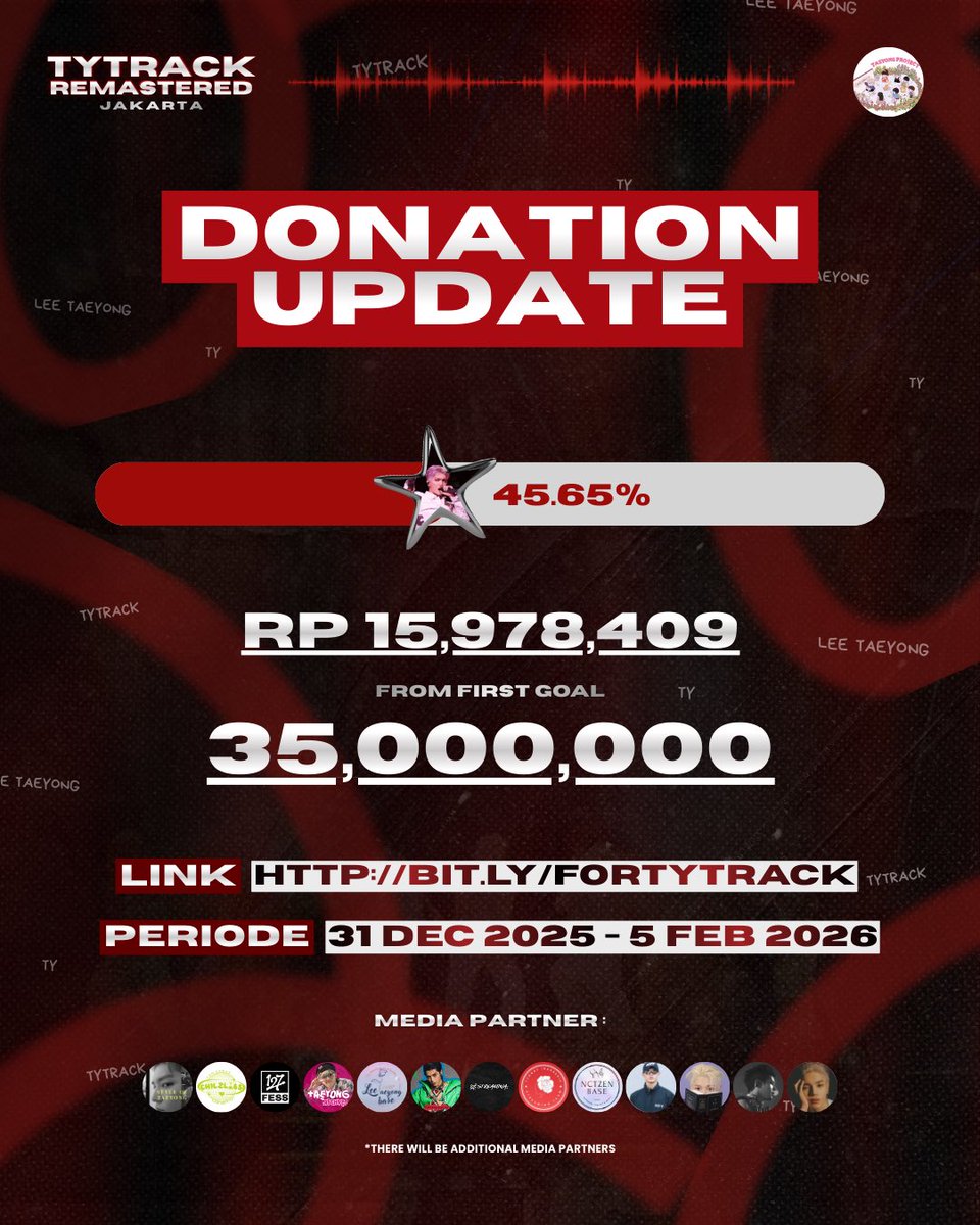 TY TRACK REMASTERED JAKARTA
FAN PROJECT

‼️D-9 DONATION CLOSE‼️

Thank you so much for your support TYongFs! With limited time to prepare, let's make this project wonderful for Taeyong by donating 🤗

🎯 Progress 45.65%

Donate here
🔗 bit.ly/forTYTRACK

🗓 Deadline: 5 Feb