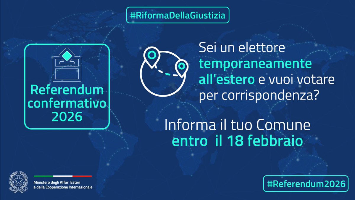 ItalyInPeru's tweet image. #Referendum2026
Sei un elettore temporaneamente all’estero per almeno 3 mesi per motivi di studio, lavoro o cure mediche e vuoi votare sul quesito riguardante la c.d. "Riforma della giustizia" per corrispondenza?
Contatta il tuo Comune entro il 18 febbraio amblima.esteri.it/it/news/dall_a…