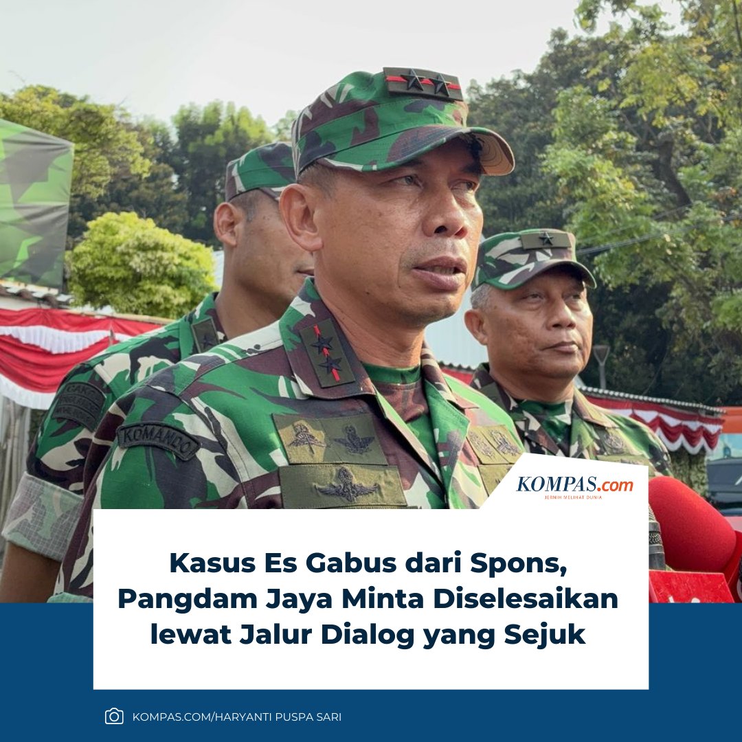 kompascom's tweet image. Panglima Komando Daerah Militer (Pangdam) Jaya/Jayakarta Mayjen TNI Deddy Suryadi angkat bicara terkait kasus pedagang es gabus asal Depok, Suderajat (49), yang sempat dituduh menggunakan bahan spons dalam dagangannya oleh aparat kepolisian dan TNI.

“Adapun langkah-langkah yang…