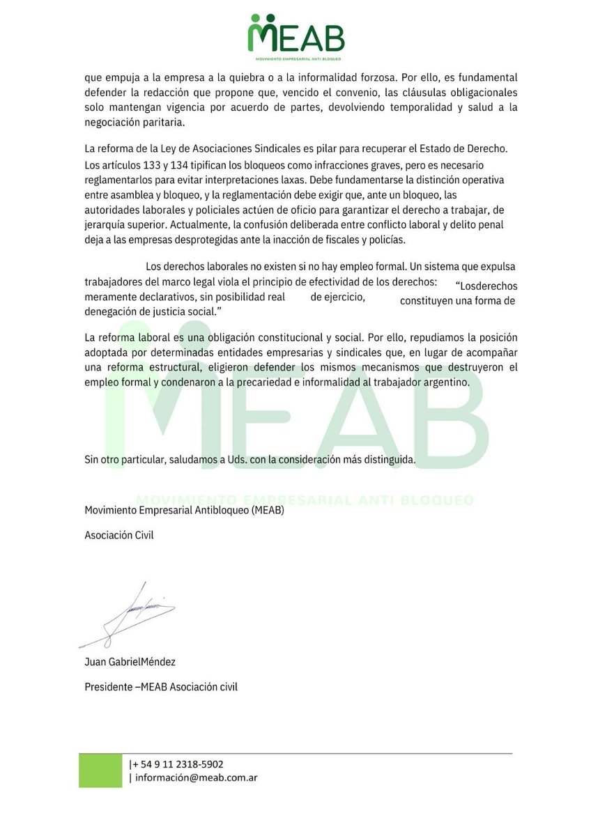 MEABArgentina's tweet photo. Desde el MEAB enviamos Nota al Senado de la Nación en apoyo incondicional a los artículos 126 al 134 del proyecto de Modernización laboral. 
Enviamos también, nuestra propuesta de mejora. 
Porque nuestra esencia no es la queja, sino la acción.

#MEAB https://t.co/dre421NIcW