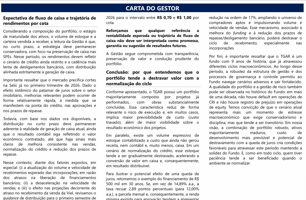 TGAR11, Carta da gestao admitindo que o cenario esta piorando, revisao do range do dvd q estava em 1 real, agora admite que pode pagar 0,70/mes. Se cair pra 70 reais vai te pagar 1% ao mes e com risco de nova revisao, esta 89 reais.....Avisamos 1 ano atras, atencao pessoal.....