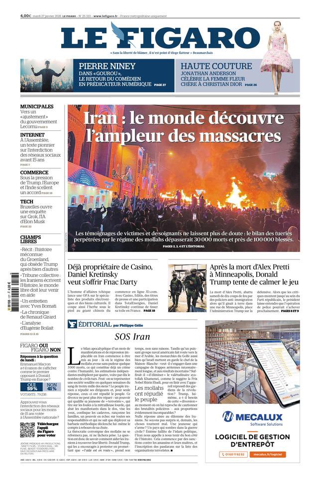 ایران در صفحه نخست روزنامه فرانسوی‌فیگارو:

«ایران؛ جهان ابعاد واقعی کشتارها را کشف می‌کند»

شهادت‌های قربانیان و کادر درمان دیگر هیچ تردیدی باقی نمی‌گذارد: شمار قربانیان کشتارهایی که به‌دست رژیم ملاها انجام شده، از ۳۰ هزار کشته فراتر رفته و نزدیک به ۱۰۰ هزار زخمی بر جا گذاشته