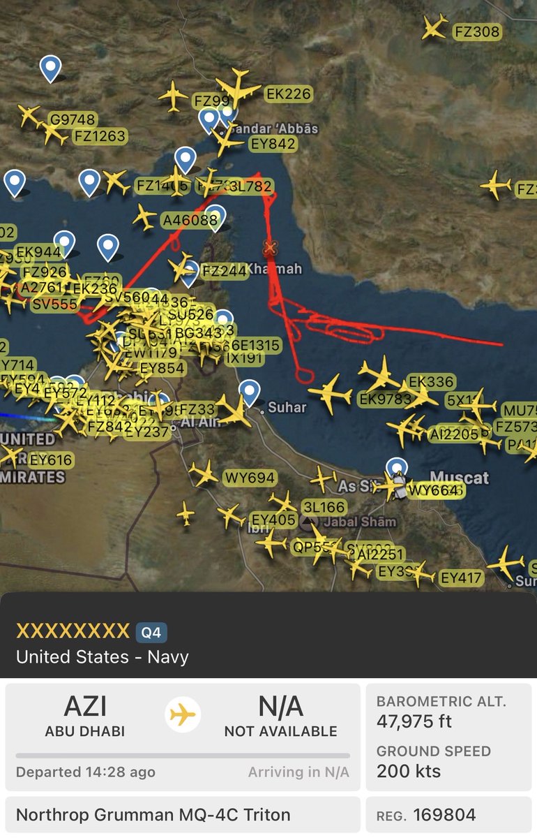 IranReporters's tweet image. US MQ-4C Triton observed over the Persian Gulf amid heightened regional tensions. Persistent maritime surveillance continues.
#Iran