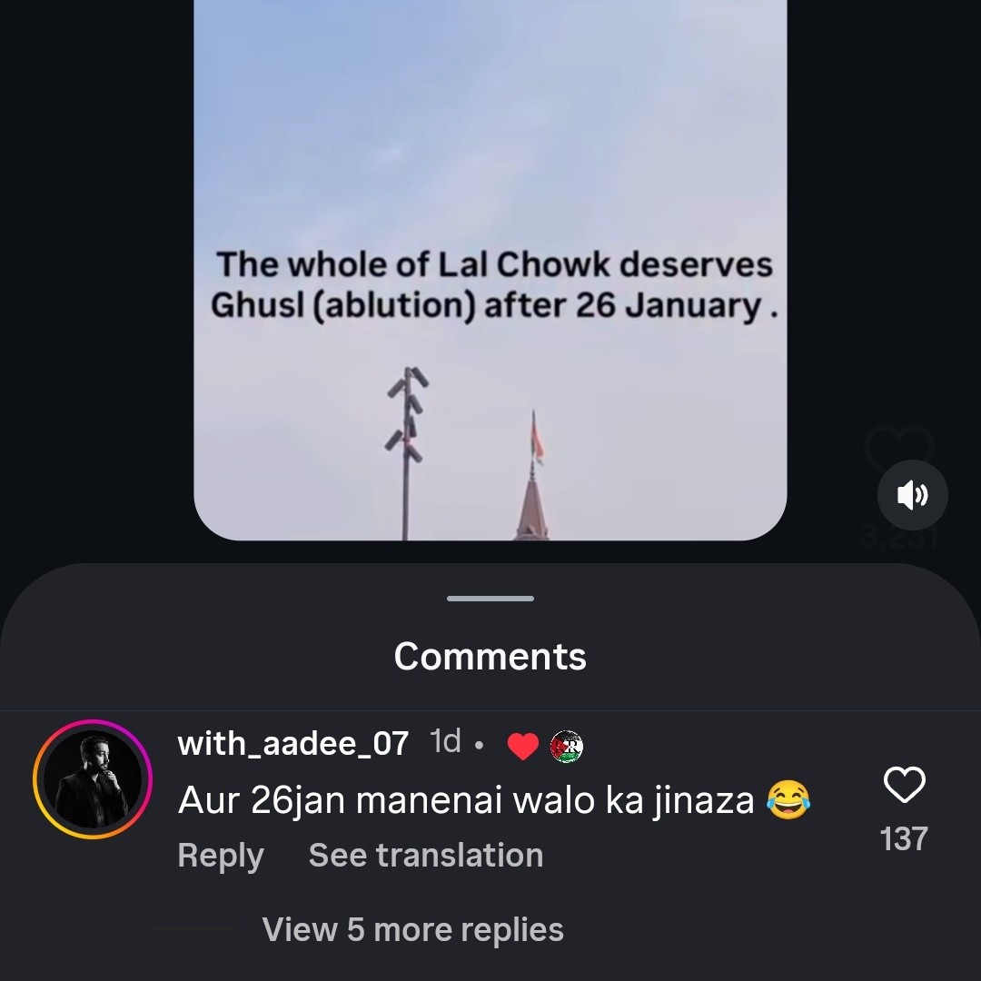 SelflessCricket's tweet image. An Indian Kashmiri page posted that Lal Chowk needs a rewash after Republic Day celebrations.

Another Kashmiri guy commented that all those who celebrated it deserve to be dead.

But if a Kashmiri gets rejected to get a rented room in Delhi, these guys will cry about Indian…