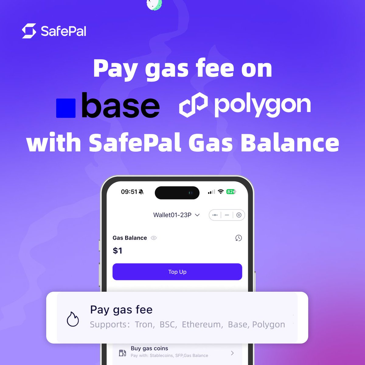 SafePal Gas Station keeps leveling up Pay gas across major networks with  ONE single Gas Balance Now supported 🆕 Base 🆕 Polygon Also supported ✔️  Tron ✔️ BSC ✔️ Ethereum