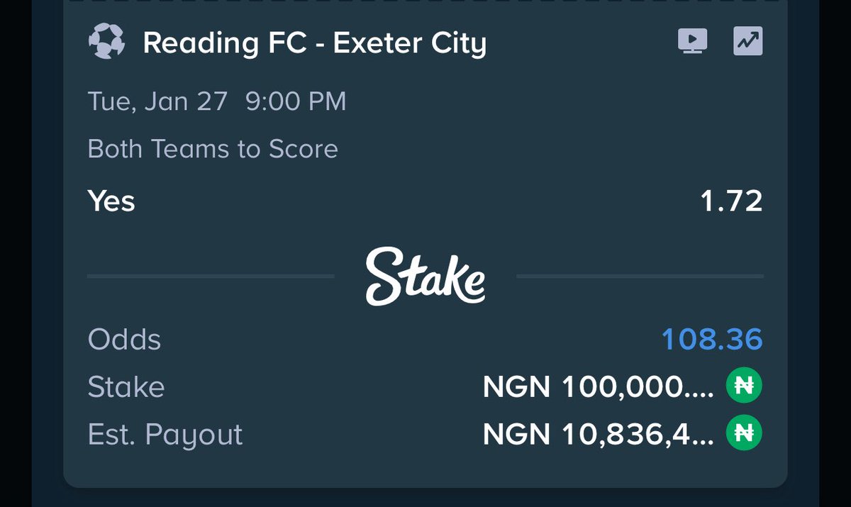 50k   to win 500 million  naira  

I won’t stop until I win 🏆 

If you no risk am , na only food money you go dey see o 👁️ 

Today matches only ⚽️⚽️⚽️
Play and boom 500 million  naira    

Stake and boom 💥 500 million naira 

Play it here : stake.com/sports/home?be…

Edit ✍️ 100
