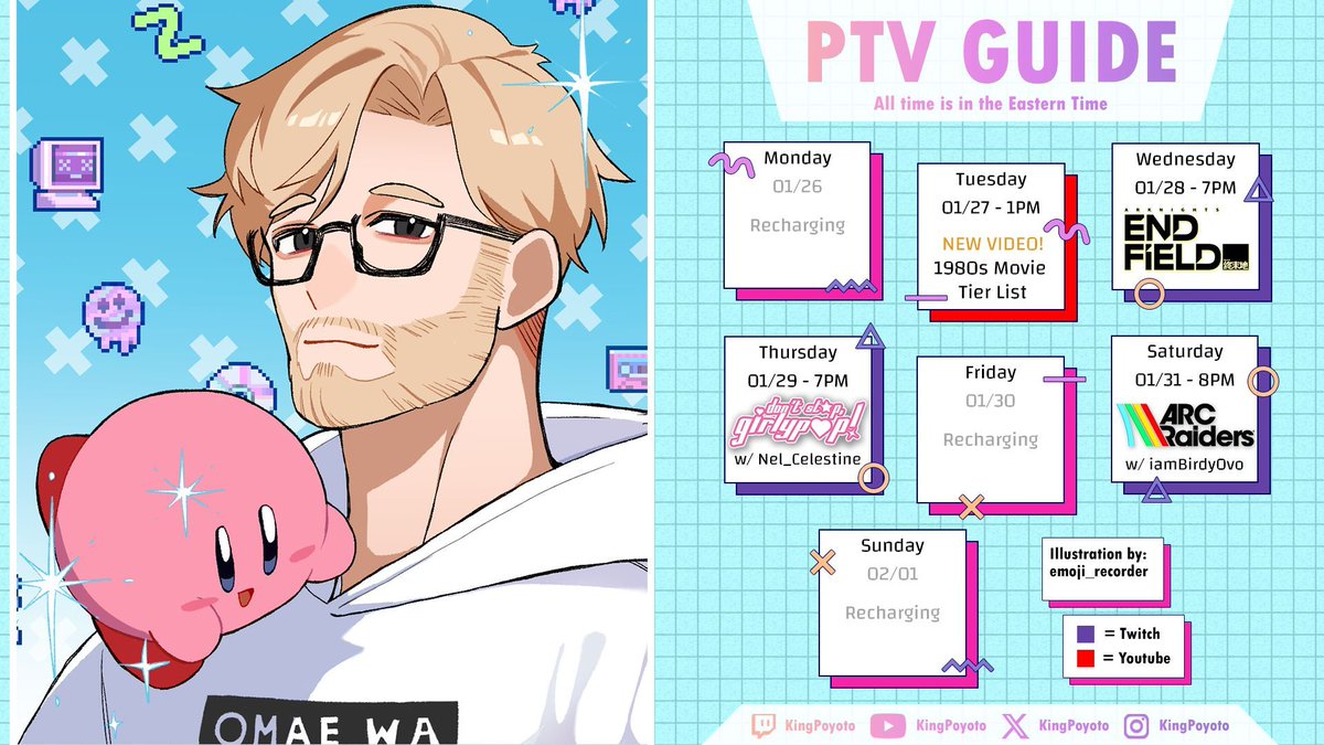 📅 Jan 26–31 Schedule (EST)  

📺 YT vid: 80s Movie Tier List — Jan 27 @ 1pm 
🚀 Arknights Endfield — Jan 28 @ 7pm 
💖 Don’t Stop, Girlypop! w/ Nel_Celestine — Jan 29 @ 7pm 
🤖 Arc Raiders w/ iamBirdyOvo — Jan 31 @ 8pm
---
Had to remake the post 🥲
#ENVTuber #VTuberUprising