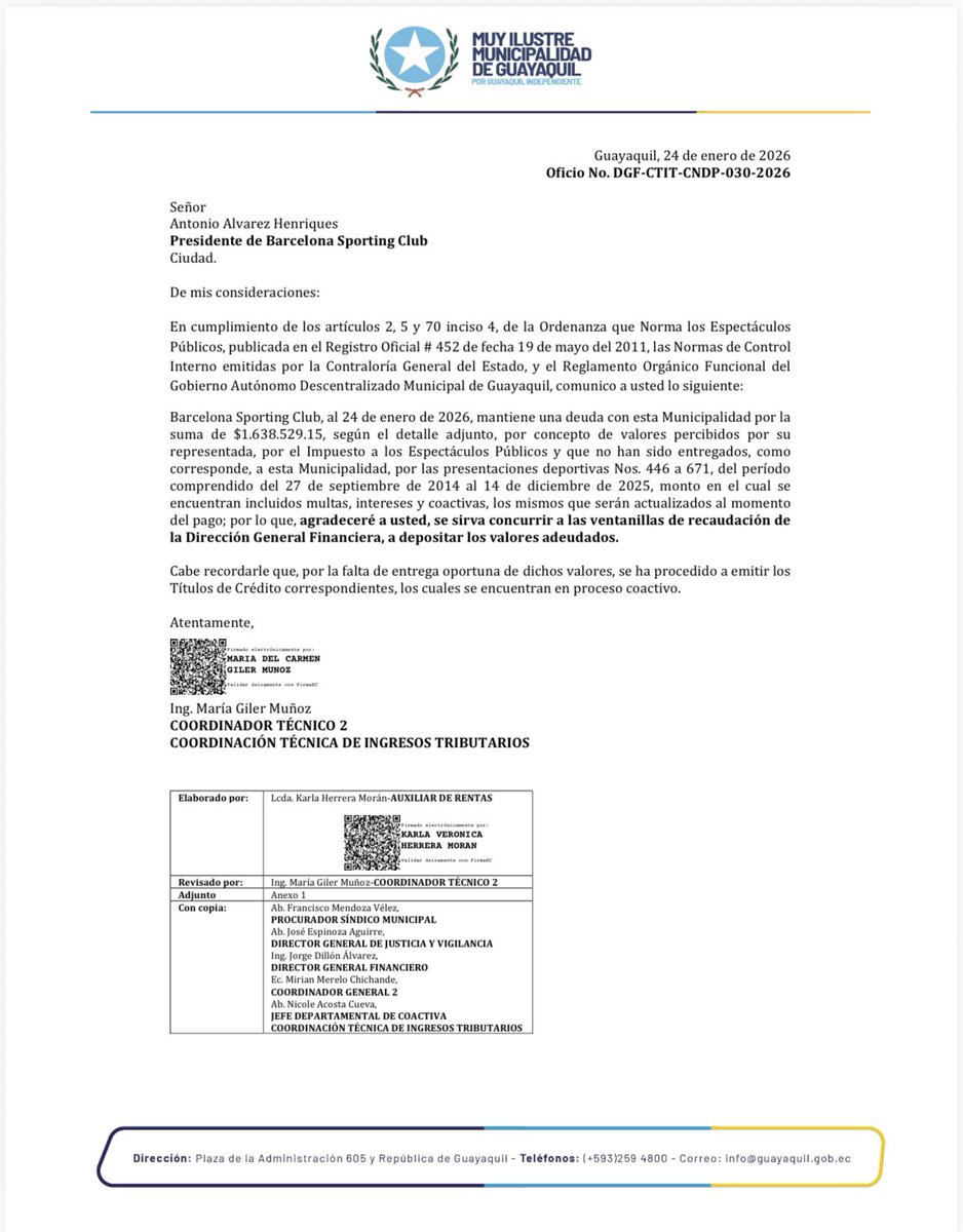 El mismo día que le notificaron  a Emelec, notificaron a Barcelona. 
El Municipio de Guayaquil por ley según el COOTAD, tiene que hacer gestión de cobranza. Las deudas de los clubes van desde el 2014 y 2017 respectivamente. 
Si el Municipio de Guayaquil, no cobra, acarrea sanción