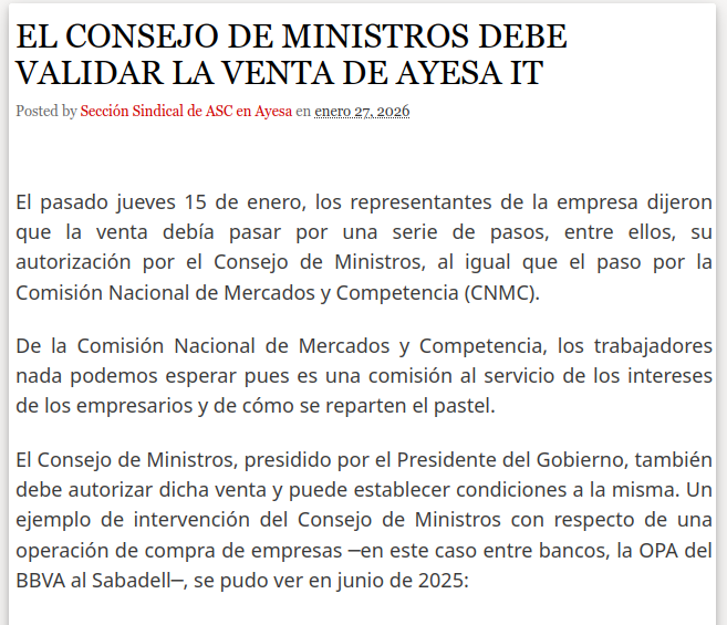 EL CONSEJO DE MINISTROS DEBE VALIDAR LA VENTA DE AYESA IT 
asc-ayesaat.blogspot.com/2026/01/el-con…

<a href="/AyesaNews/">Ayesa</a> #Ayesa #TIC #Ingenieria #Consultoría 

<a href="/ASC_Sevilla/">ASC Sevilla</a> <a href="/ASCsindicato/">Alternativa Sindical de Clase</a>