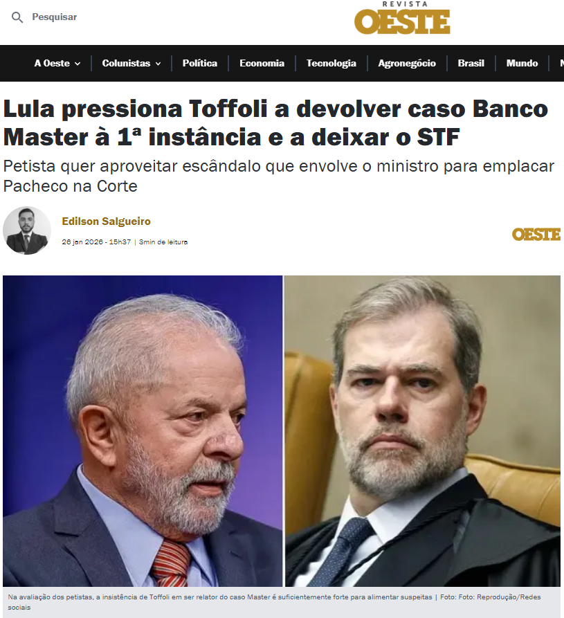 Ideiasradicais's tweet photo. Se essa manchete for realidade, Me traz imensa alegria ver o Lula descartando o Toffoli assim. 

Percebam o tamanho da queda:

Toffoli foi nomeado para ser um soldado, um prestador de serviços no STF.

É um completo desqualificado. Sem mestrado ou doutorado. Sem livros publicados. Reprovado em dois concursos para juiz. O ápice de sua carreira foi ser advogado de campanha do PT.

Foi colocado na cadeira justamente por ser um inútil, que saberia que sua elevação dependia apenas da sua capacidade de falar "Sim, senhor".

E agora perdeu a utilidade, virou só uma vaga.

Agora Lula precisa resolver seu entrave com Alcolumbre, um irrelevante que por algumas curiosidades políticas virou presidente do Senado, e que nunca deu lealdade, serviço ou resultado ao PT.

Lula agora precisa resolver seus entraves e pendências com Pacheco. Um irrelevante eleito em 2018 pelo único mérito de não ser Dilma Rousseff, que está na política para defender os interesses das empresas de ônibus da sua família.

Lembrem: Pacheco foi elevado a presidente do Senado em 2020 com o acordo de que protegeria Bolsonaro, em troca de receber o comando da ANTT. A Crusoé documentou isso amplamente, com uma brilhante matéria "Pachequismo em causa própria"

Na vitória de Lula, Pacheco prontamente passou a mão no celular, ligou pro Barba e fechou o mesmo acordo de colocar o Senado a serviço, pendente apenas a propriedade privada da ANTT.

Barba aceitou o acordo, e lá em janeiro estava a base do PT com pranchetinha na mão, negociando cargos com senadores para eleger Pacheco.

Toffoli foi soldado. Se prestou ao serviço. Lutou pela causa. E aí pegaram o sitio e os pedalinhos dele, e agora corre risco de ser descartado para resolver contas com dois mercenários medíocres. 

Soldado por soldado, Lula agora terá Bessias. Troca-se um advogado de campanha medíocre por um entregador de papel. Um idiota por outro. Para Lula, tanto faz. Fala "Sim, senhor"? Fala. Então que se exploda.

No fim das contas o que Toffoli foi pro Lula? Uma ponta solta. Um número. Uma chave de fenda que já cumpriu sua função. 

Eu adoraria ser uma mosca na parede na sala, no momento que o Toffoli percebeu ou perceberá isso. 

O momento que ele entendeu que agora dependerá da boa vontade dos outros para que seu caso seja anulado e abafado.

Talvez ele olhe para o Mantega e pense: é esse meu futuro?

Mantega, o pós-Itália, que prestou serviços para o PT, botou seu nome na linha, foi demitido pela Dilma durante a campanha de reeleição de 2014, e virou piada.

Mantega, que de pós-Itália, virou um mendigo político. Barrado de assumir qualquer coisa pela condenação que tomou do TCU, por ter chefiado a fraude contábil do orçamento, que levou ao Impeachment da Dilma, não puderam nem enfiar ele na enorme equipe de transição do Lula.

Mantega que tentaram enfiar na Vale. E foi rejeitado explosivamente. Sobrou a ele ser "indicado" por Jaques Wagner para ser consultor do Master, por 1 milhão de reais. Seu trabalho? Nenhum, pelo jeito.

Azeitar uma reunião com Lula para a venda do Master pro BRB? Avá. Sabemos que Mantega era irrelevante nisso e a reunião aconteceria de qualquer forma.

É quase certo que o cargo e o pagamento foi apenas um pagamento de dívida de gratidão a Mantega, pelo serviço de ficar quieto. Diferente de Palocci, que delatou, entregou tudo, não confiou que o STF anularia a Lava Jato e terminou visto como traidor. 

Talvez Toffoli pense: é isso, fique quieto, receba um plano de aposentadoria daqui um tempo quando já esquecerem disso tudo, e essa foi minha carreira. Esse foi meu serviço.

Talvez ele pense: Será que pelo menos vou poder usar o resort? Ou acabou isso também? Será que meu irmão pelo menos me recebe pra tomar um café na casa dele em Marília?

De novo: talvez essa reflexão seja só um enorme delírio, a matéria fez uma apuração incorreta e Lula não está descartando Toffoli.

Mas se for... se de fato Lula ordenar a Toffoli que entregue a toga e se retire para ser substituído por um irrelevante e o próximo desqualificado prestador de serviços na pessoa do Bessias...

Então esse é um dia que eu estarei feliz. A bandidagem continua igual. Mas pelo menos o Toffoli se sentirá - corretamente - um merda que foi usado.

Não dá pra realisticamente pedir muito mais punição a um ministro do STF do que isso.