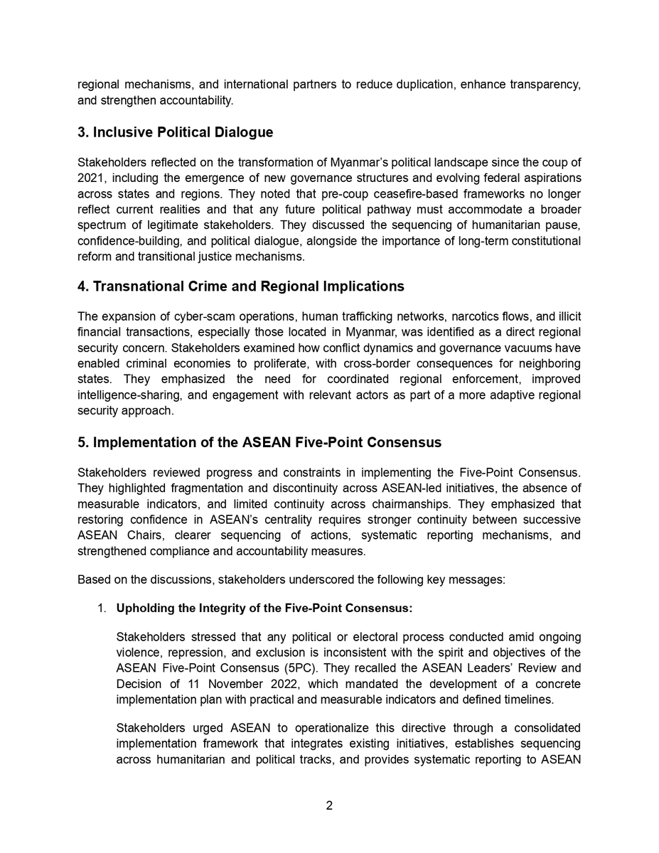 NUGMyanmar's tweet photo. "Press Statement"

#ASEAN Stakeholder Engagement on #Myanmar
Summary of Discussion and Key Messages
January 27th, 2026

For further inquiries: please contact H.E. Dr. Sai Khaing Myo Tun (drskmtun@nugmyanmar.org)

Signatories:
1. National Unity Government (NUG)
2. National Unity Consultative Council (NUCC)
3. Committee Representing Pyidaungsu Hluttaw (CRPH)
4. All Burma Students’ Democratic Front (ABSDF)
5. Chin National Front (CNF)
6. Karen National Union (KNU)
7. Mandalay Interim Governing Council (MIGC)
8. Mon State Federal Council (MSFC)
9. Muslim of Myanmar Multi-Ethnic Consultative Committee (MMMCC)
10. New Mon State Party (Anti-military Dictatorship) NMSP(AD)
11. Pa-O National Federal Council (PNFC)
12. Rohingya Consultative Council-Interim (RCC)