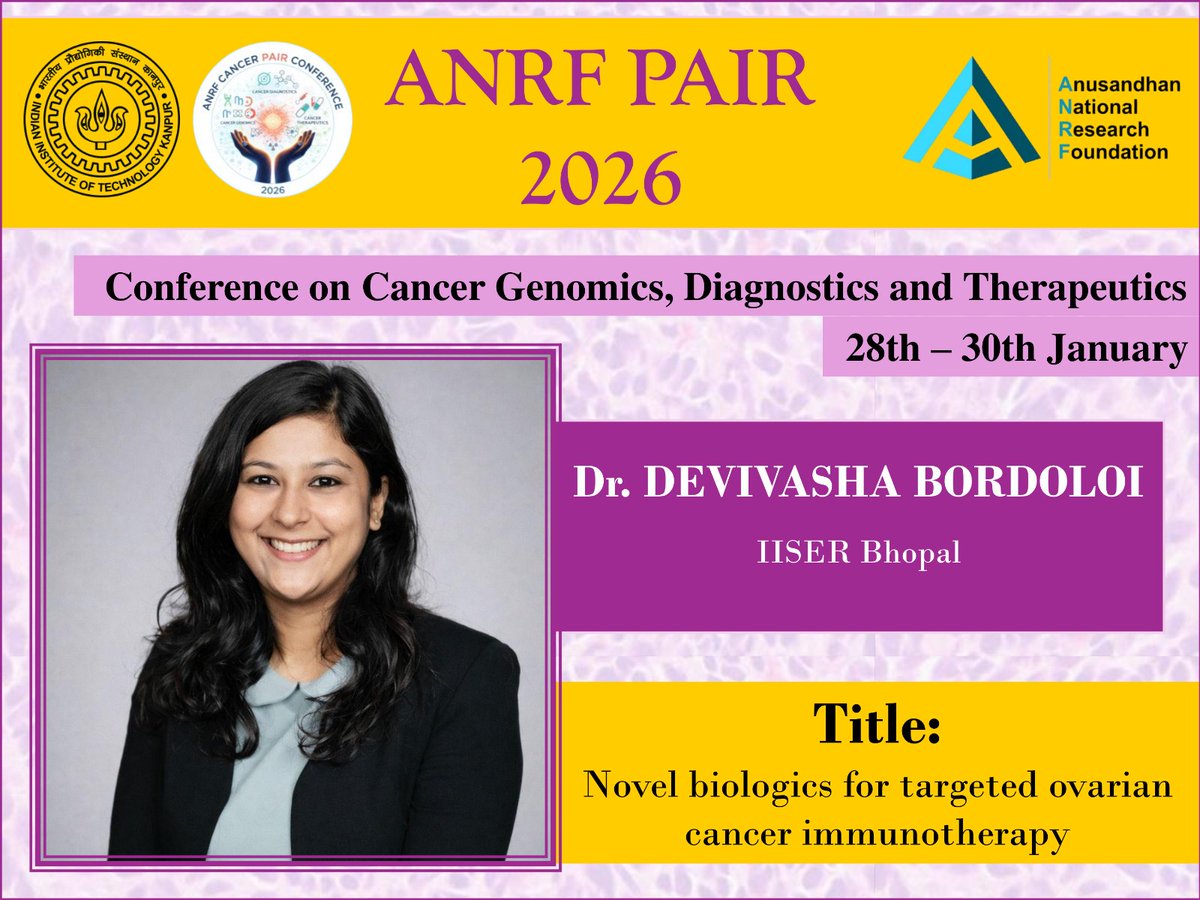 ANRF_PAIR_IITK's tweet photo. Catch us live for an insightful session on 'Novel biologics for targeted ovarian cancer immunotherapy' by Dr. Devivasha Bordoloi on 30th January from 1 pm. @ANRF_PAIR_IITK @ANRFIndia @shivkuma_k #CancerResearch
#CancerConference #CancerScience #PrecisionMedicine #IITK https://t.co/q4064YQuzY