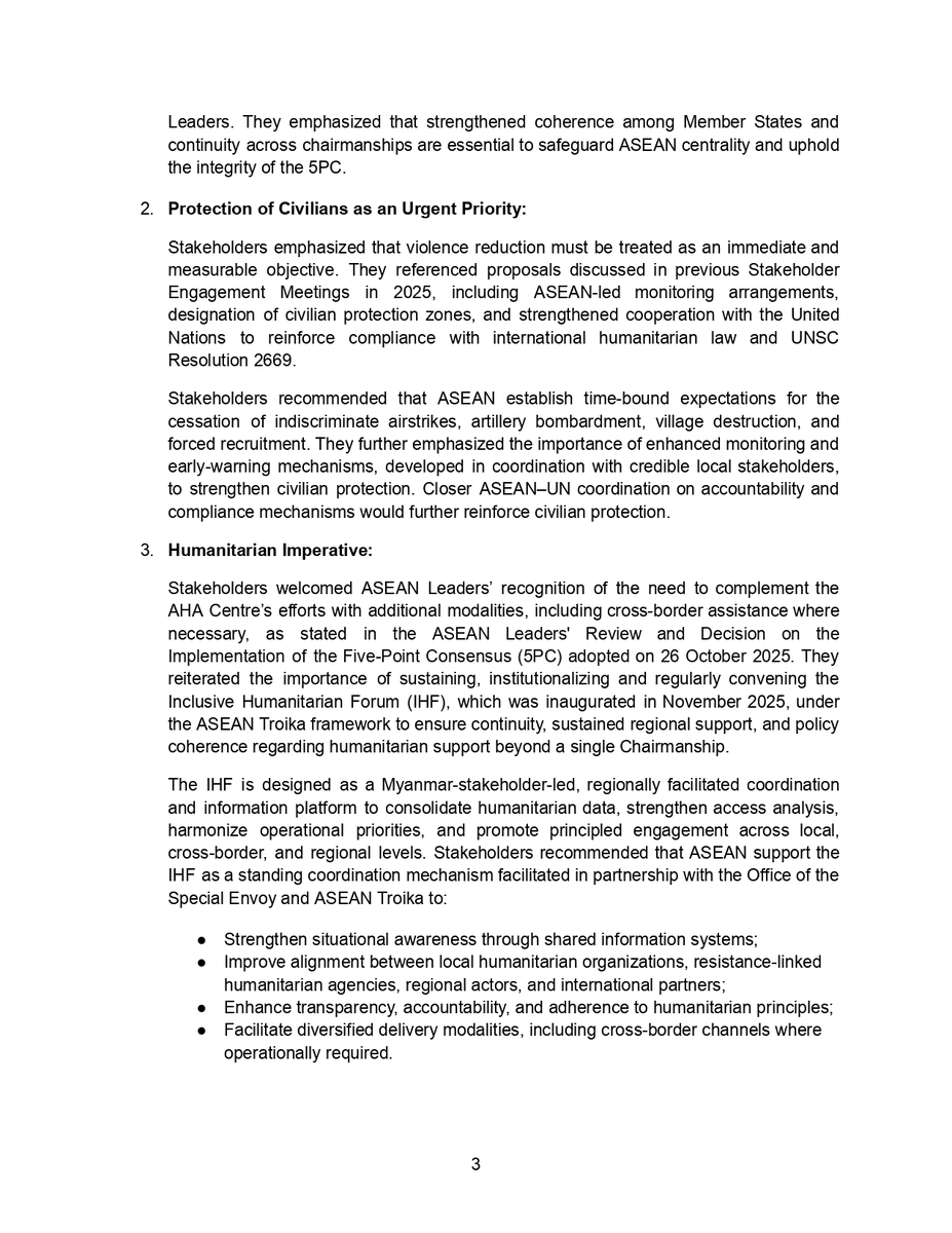 NUGMyanmar's tweet photo. "Press Statement"

#ASEAN Stakeholder Engagement on #Myanmar
Summary of Discussion and Key Messages
January 27th, 2026

For further inquiries: please contact H.E. Dr. Sai Khaing Myo Tun (drskmtun@nugmyanmar.org)

Signatories:
1. National Unity Government (NUG)
2. National Unity Consultative Council (NUCC)
3. Committee Representing Pyidaungsu Hluttaw (CRPH)
4. All Burma Students’ Democratic Front (ABSDF)
5. Chin National Front (CNF)
6. Karen National Union (KNU)
7. Mandalay Interim Governing Council (MIGC)
8. Mon State Federal Council (MSFC)
9. Muslim of Myanmar Multi-Ethnic Consultative Committee (MMMCC)
10. New Mon State Party (Anti-military Dictatorship) NMSP(AD)
11. Pa-O National Federal Council (PNFC)
12. Rohingya Consultative Council-Interim (RCC)