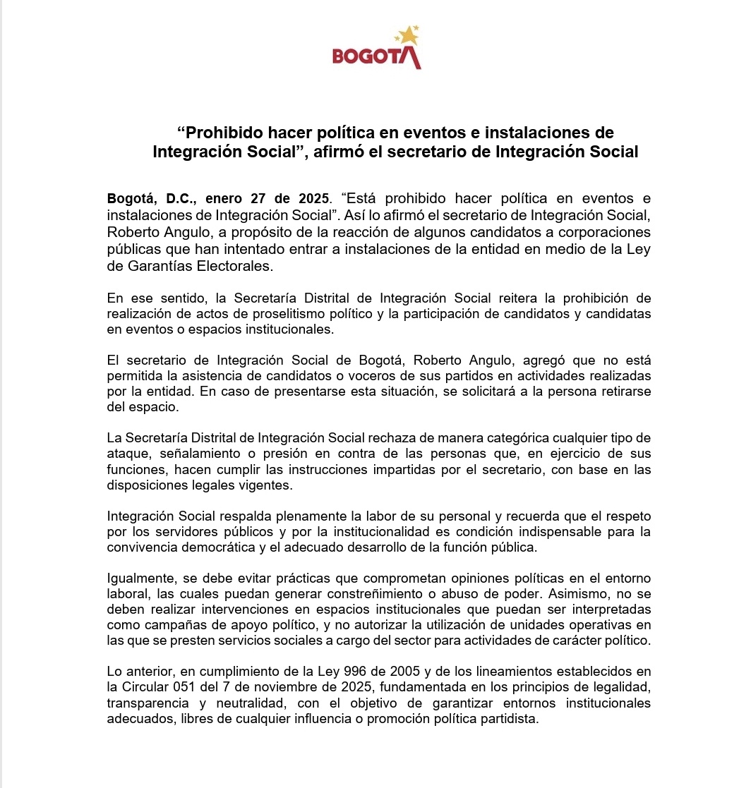 🚫 | “Prohibido hacer política en eventos e instalaciones de Integración Social”, afirmó el secretario de Integración Social

Quiero ser claro: la instrucción la di yo directamente como secretario de <a href="/integracionbta/">Secretaría Distrital de Integración Social</a>, en coherencia de mis deberes como cabeza del sector de