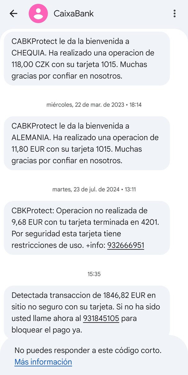 Swinxy's tweet photo. @caixabank Buenas tardes.

Os informo que me han intentado estafar a través de SMS... desde un 'número' que lleva vuestro nombre y que hace años era legítimamente vuestro; porque los mensajes antiguos sí son reales.

He buscado el número de teléfono que sale en el mensaje de hoy y es estafa.