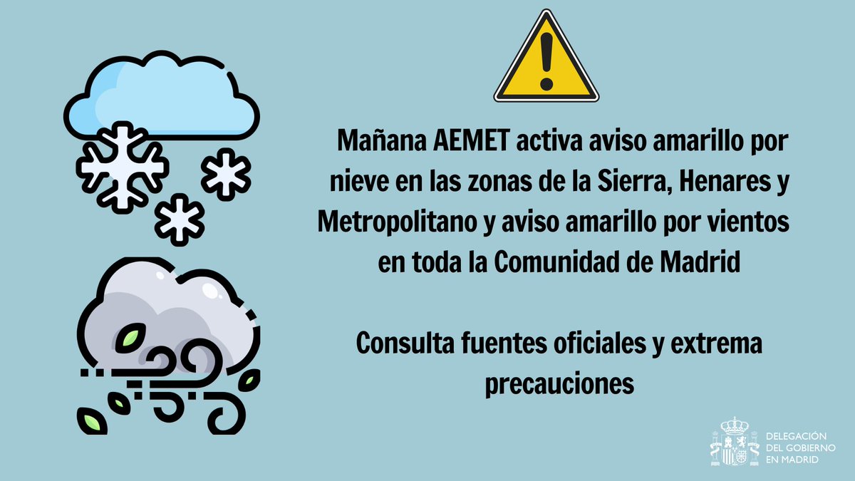 DGobiernoMadrid's tweet photo. Mañana @AEMET_Madrid   activa AVISO AMARILLO por nieve y viento:
📍Zona Sierra: 
De 0:00h. a 17:59h.aviso amarillo por nevadas.
De 6:00h. a 19:59h. aviso amarillo por vientos.
📍Zona Metropolitana y Henares:
De 6:00h. a 11:59h. aviso amarillo por nevadas.
De 6:00h. a 19:59h. aviso amarillo por vientos.
📍Zona Sur, Vegas y Oeste:
De 6:00h. a 19:59h. aviso amarillo por vientos.
Sigue información actualizada:
https://t.co/jnzOZoQISI