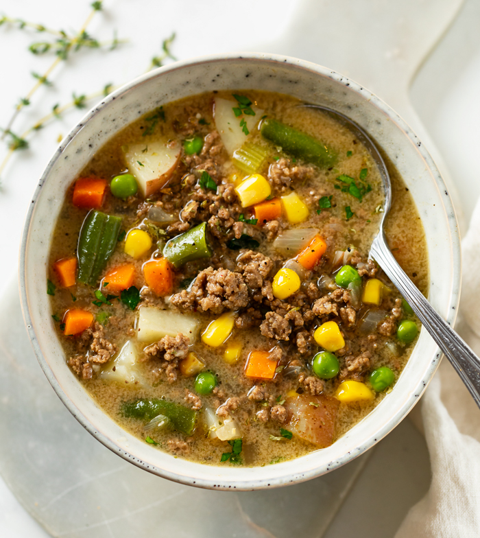 This Hamburger Soup recipe is easy to make with ground beef and your favorite vegetables. A creamy ingredient addition rounds out the savory combination of beef and chicken broth. 
▶️ thecozycook.com/hamburger-soup/