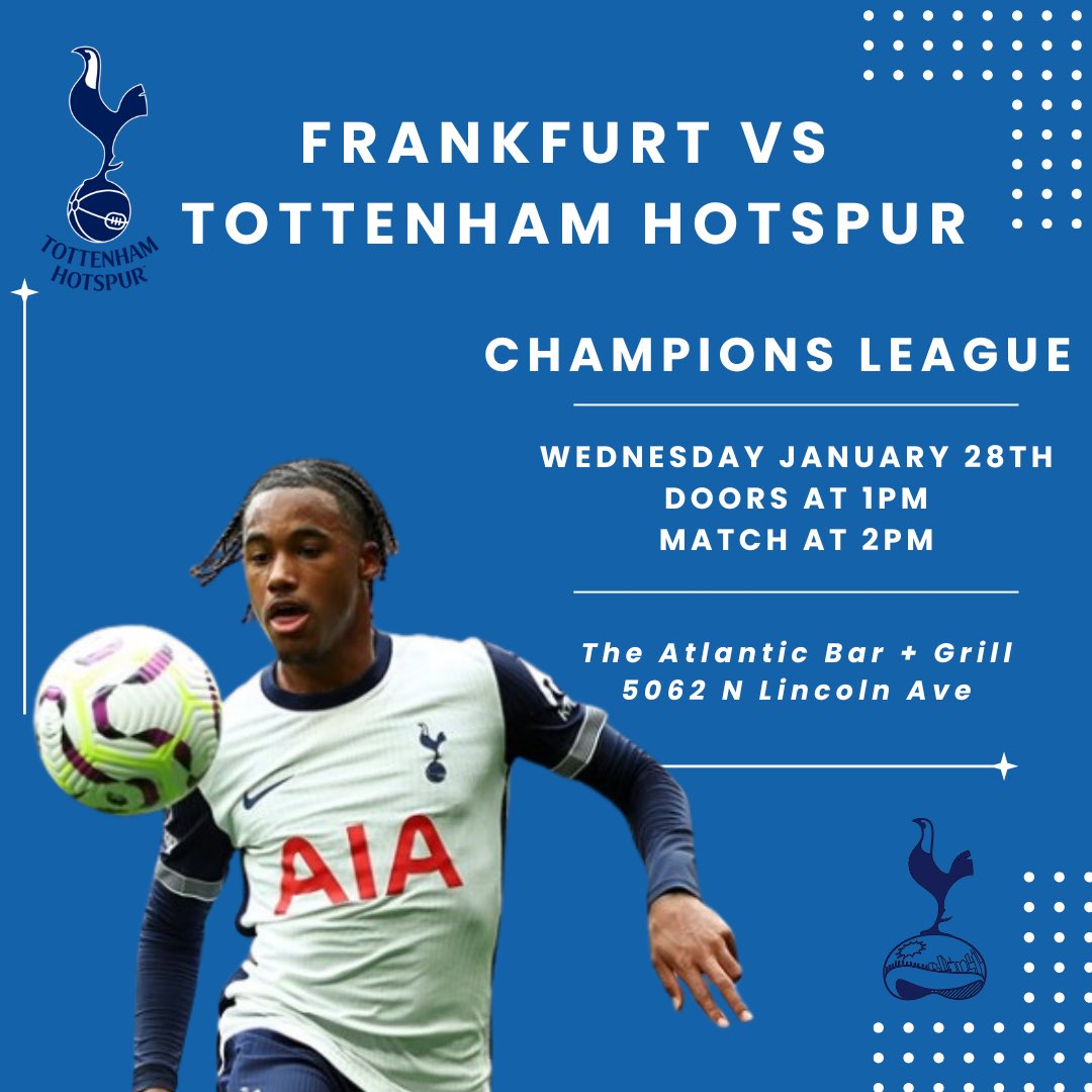 Join us tomorrow against Frankfurt!
Doors at 1. 
Match at 2.
#thfc #tottenham #chicagospurs #coys