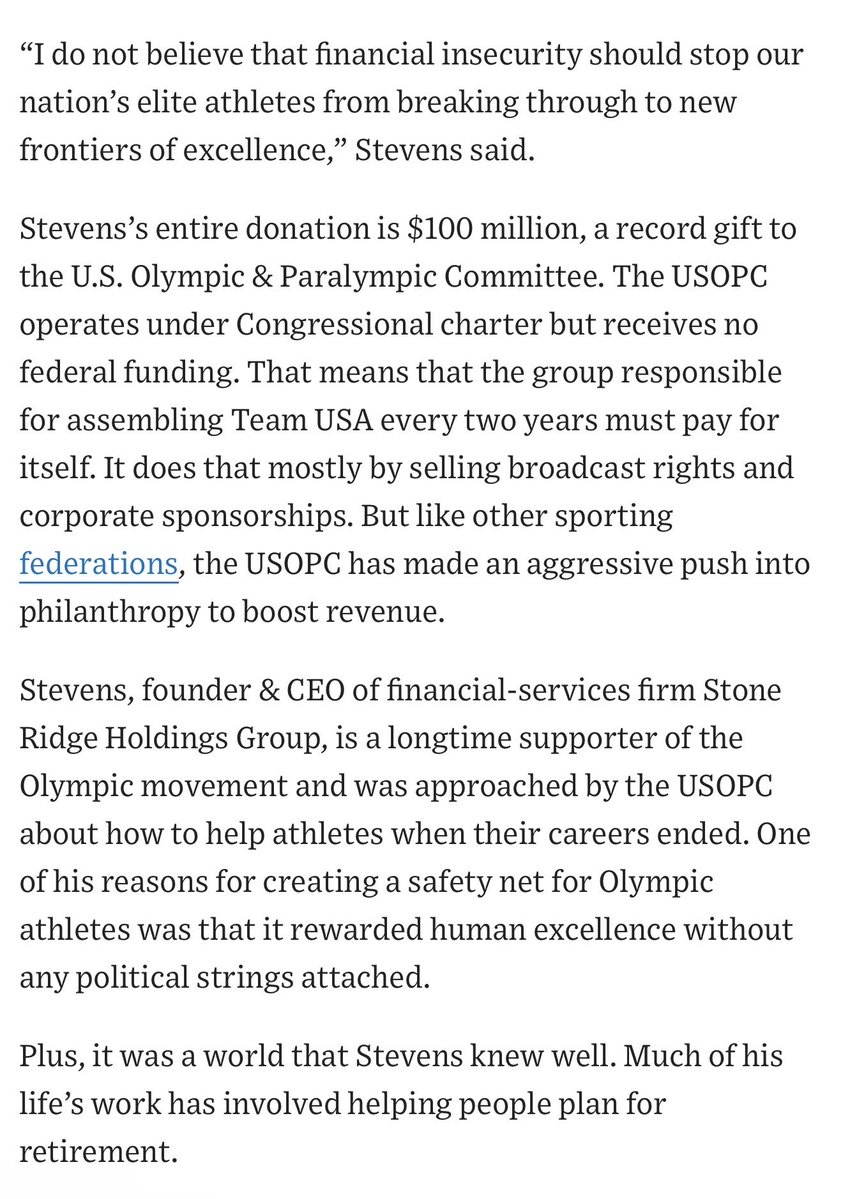 mualphaxi's tweet image. Super interesting: billionaire Ross Stevens is giving $200k to all US Olympians, half as a gift at age 45 or 20 yrs after their Olympic debut, half as a big life insurance policy.

Just give money to people pursuing human excellence, striving for greatness? How novel. I like it.