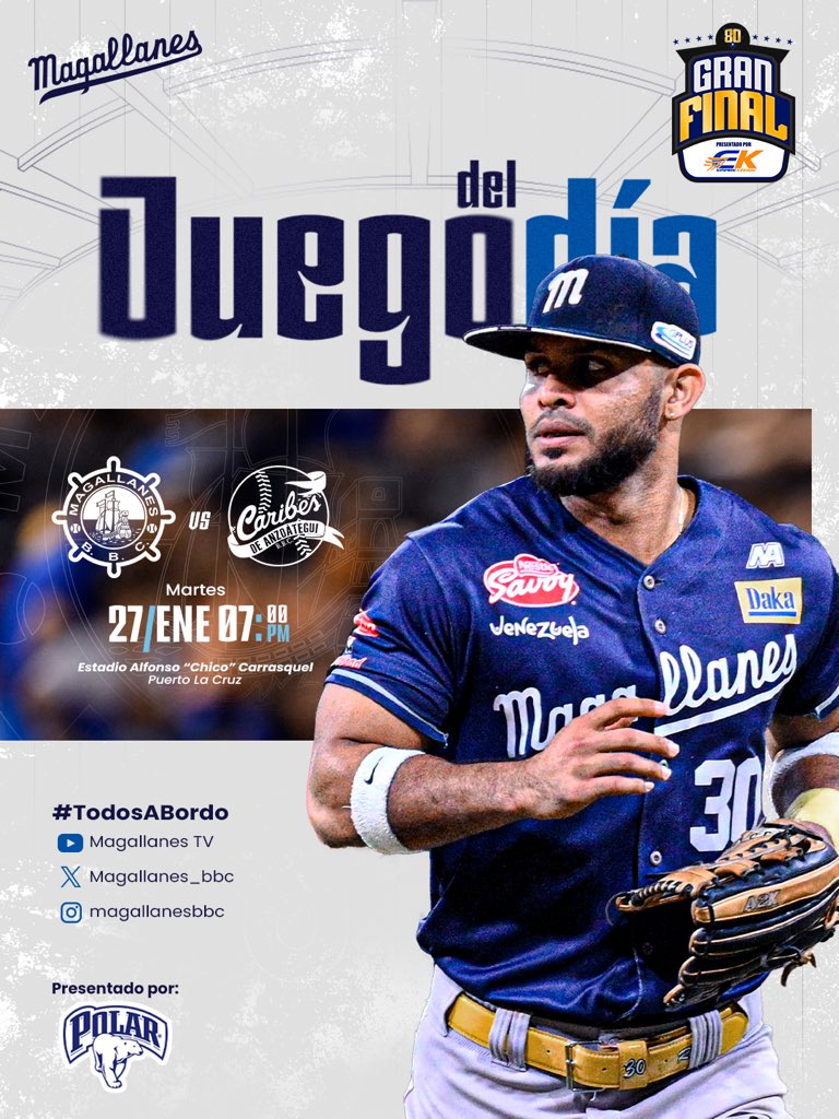 𝐉𝐮𝐞𝐠𝐨 𝐝𝐞𝐥 𝐝í𝐚 ⛴️⚾️

Estamos listos para el primer choque de la final ante <a href="/caribesanz/">Caribes de Anzoátegui</a> 🏹

🏟️ Alfonso “Chico” Carrasquel
🕜 7:00 PM
📺 1Baseball | ByM Sport | Tves | Venevisión | IVC | Canal i 
📻 Circuito AM/FM Center

¡Todos a bordo! ⚓️

#Magallanes #TodosABordo
