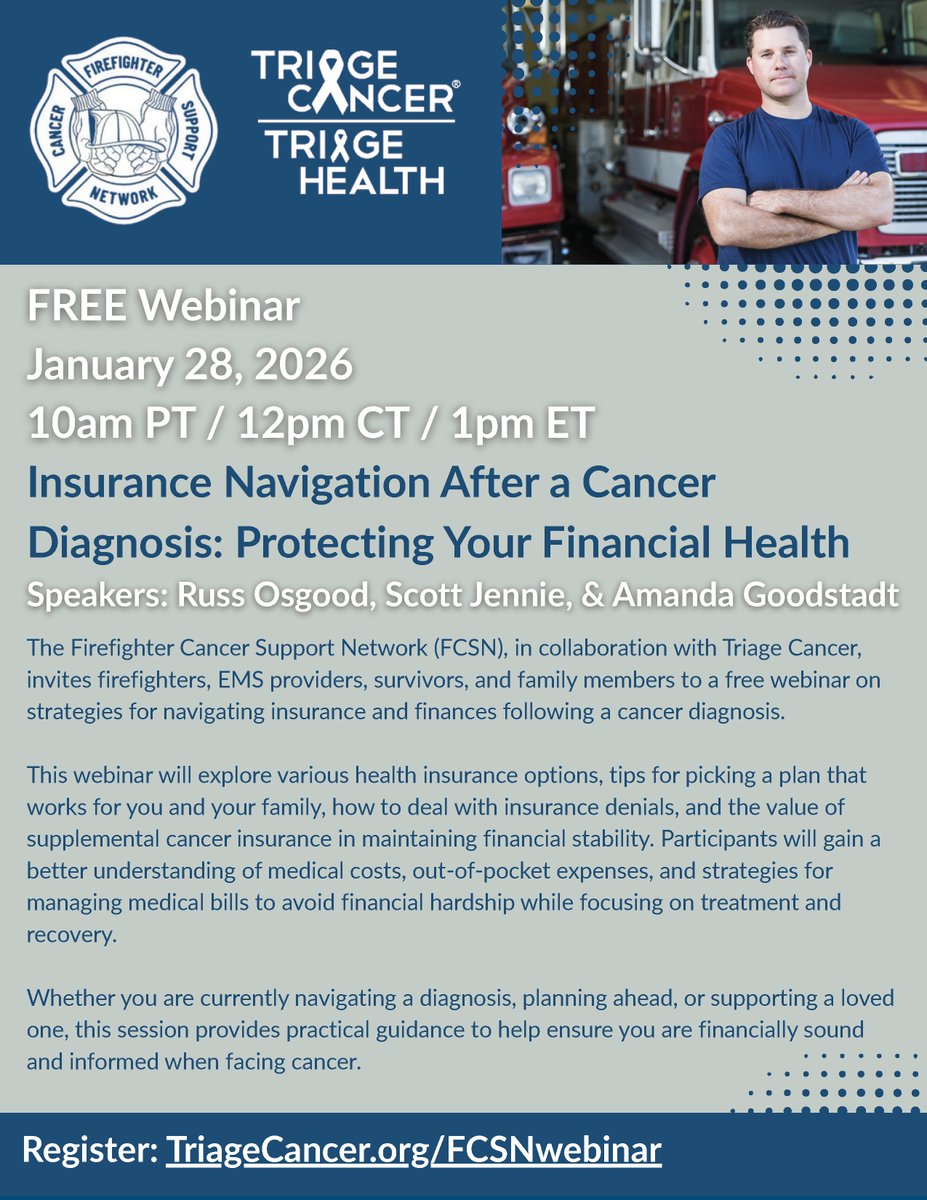 FCSNnational's tweet image. 💜 FREE Webinar | Insurance Navigation After a Cancer Diagnosis
🧾 Insurance • Denials • Medical bills • Financial stability
📅 Jan 28, 2026 | 10a PT / 12p CT / 1p ET
👉 TriageCancer.org/FCSNwebinar
#FCSN #TriageCancer #FirefighterCancer 🚒